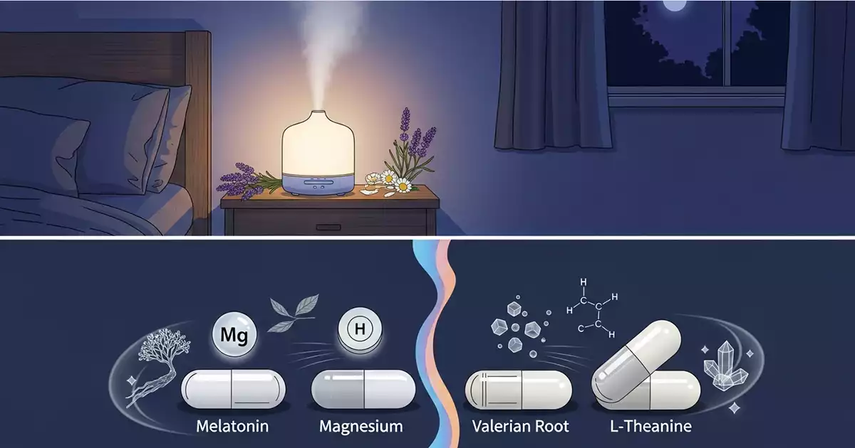 Aromatherapy for sleep essential oils contrasted with evidence-based botanical extracts like Melatonin, Magnesium, Valerian, and L-Theanine for sleep quality