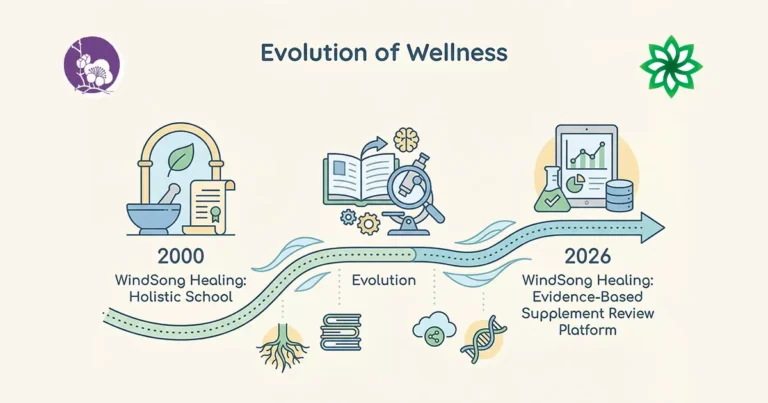 Evolution from Windsong School of Healing holistic education to evidence-based supplement reviews timeline 2000-2026